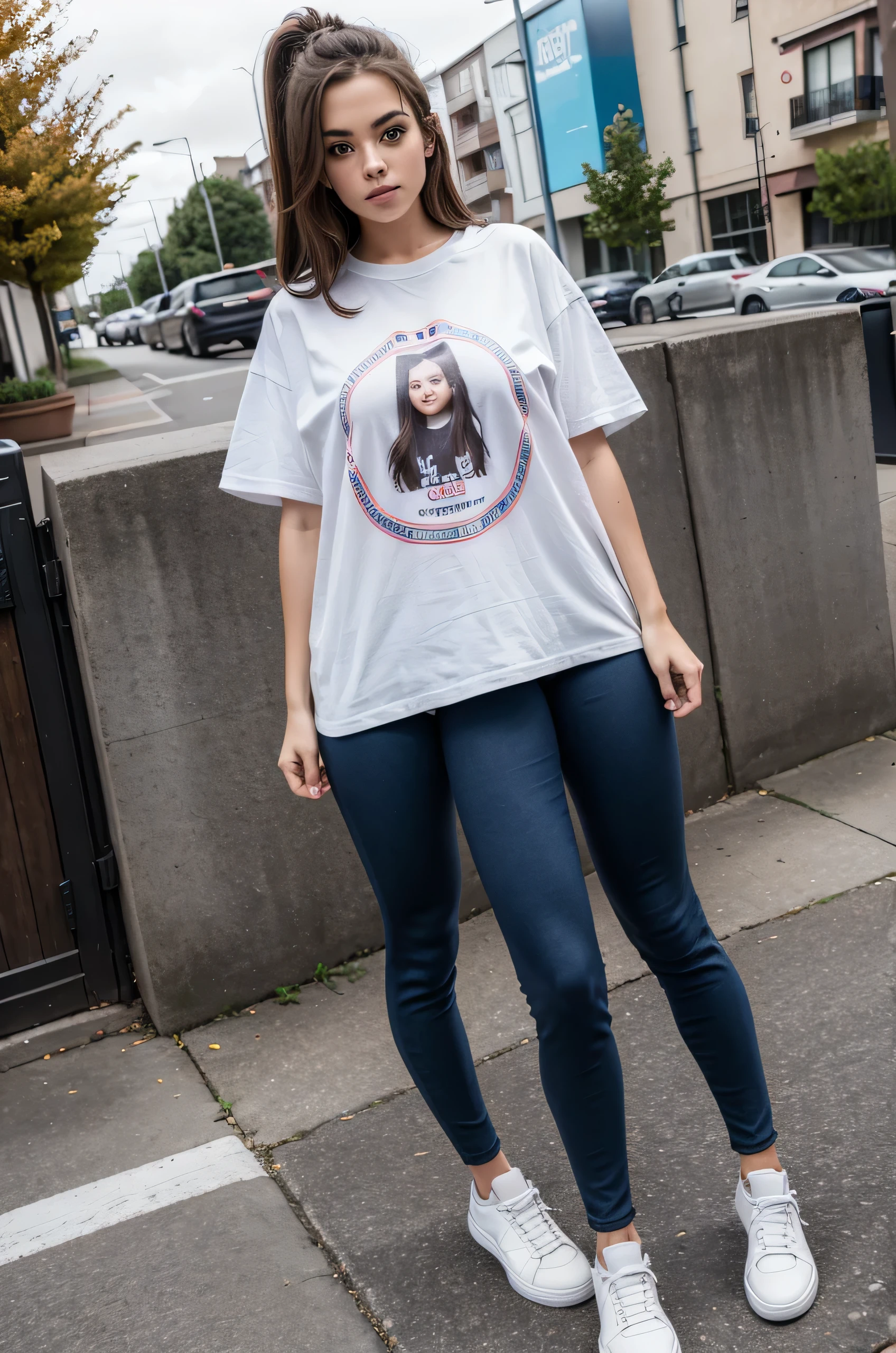 Teenage girl, three legs, ace 17, pretty, oversized t shirt, leggings, sneakers, brunette, outside of her school,