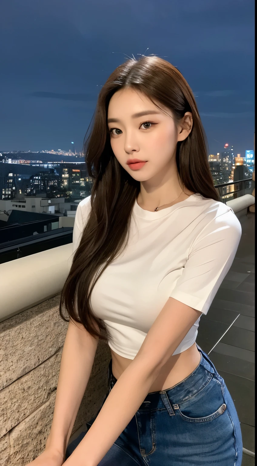 ((Midnight, Best quality, 8k, Masterpiece :1.3)), Whole body, Long legs, Sharp focus :1.2, A pretty woman with perfect figure :1.4, Slender abs :1.1, ((Dark brown hair, Big breasts :1.2)), (White tight tshirt, Jean bib, Standing:1.2), ((Night city view, Rooftop:1.3)), Highly detailed face and skin texture, Detailed eyes, Double eyelid
