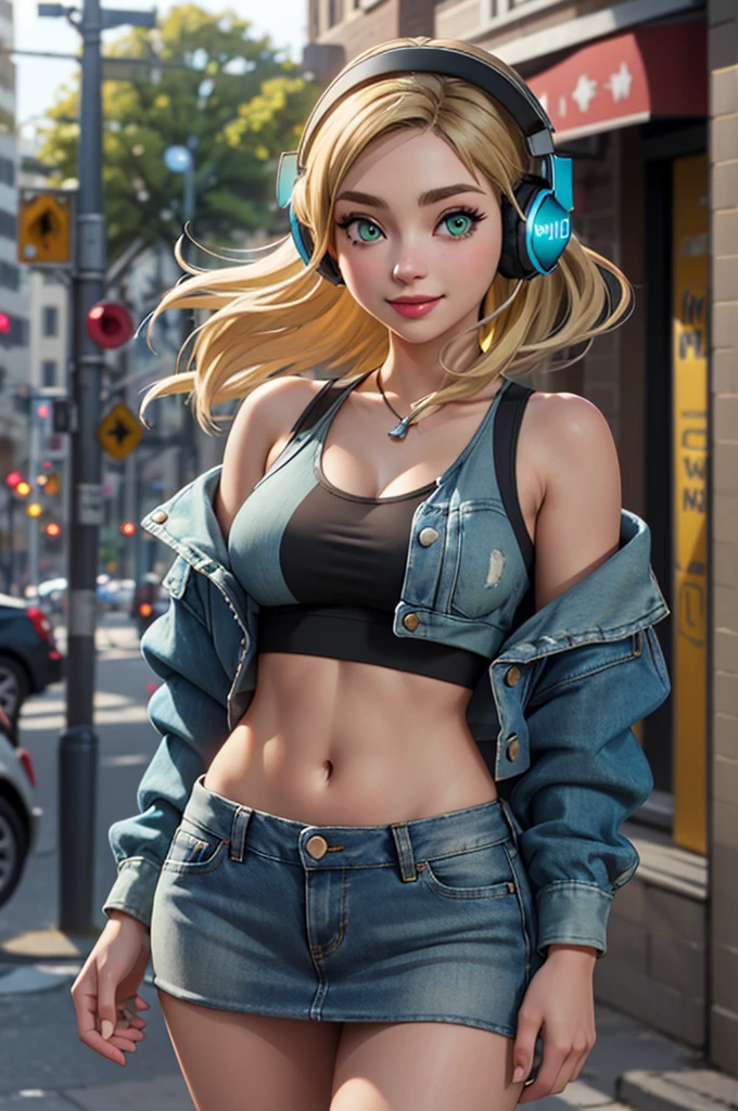 wide shot, ((best quality)), ((highly detailed)), masterpiece, (detailed eyes, deep eyes), (1girl), dynamic angle, cowboy shot, zelda, woman, smile, looking at viewer, ((short blonde hair)), ((green eyes)), Standing on sidewalk, ((tank top, denim jacket, miniskirt, headphones)), large breasts, realistic proportions, curvy body, lipstick, curvy hips, subtly visible breasts, day lighting