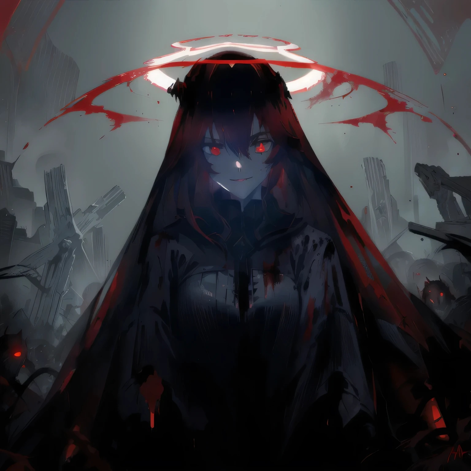 arafed image of a woman with a red cape and a halo, with red glowing eyes, with glowing red eyes, blood dripping from eyes, gapmoe yandere grimdark, red glowing eyes, fully red eyes, his eyes are bleeding intense, blood red eyes, with red eyes, his eyes are red and glowing, eyeless watcher, no face, melancholic look and smile.