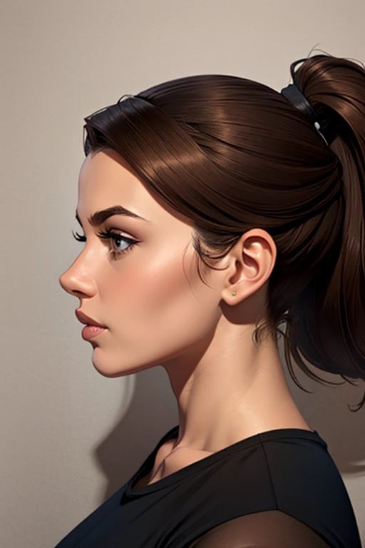 3/4 view female face dark brown hair ponytail