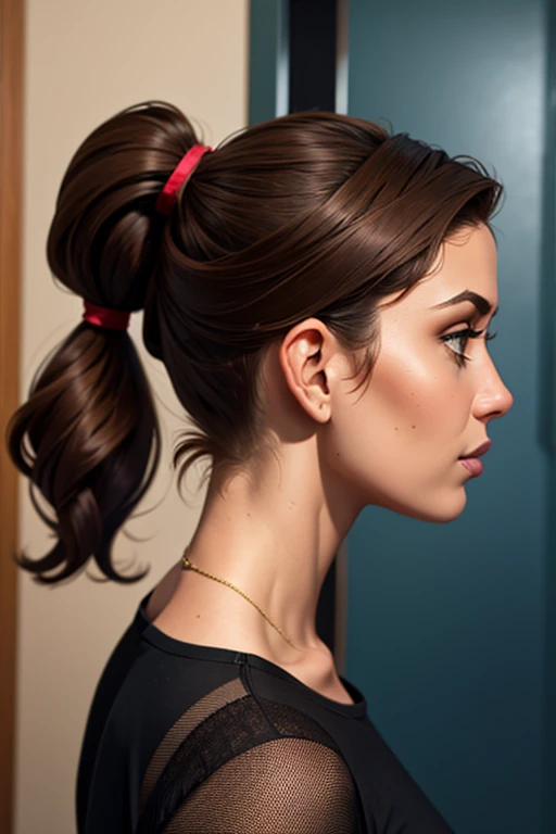 3/4 view female face dark brown hair ponytail