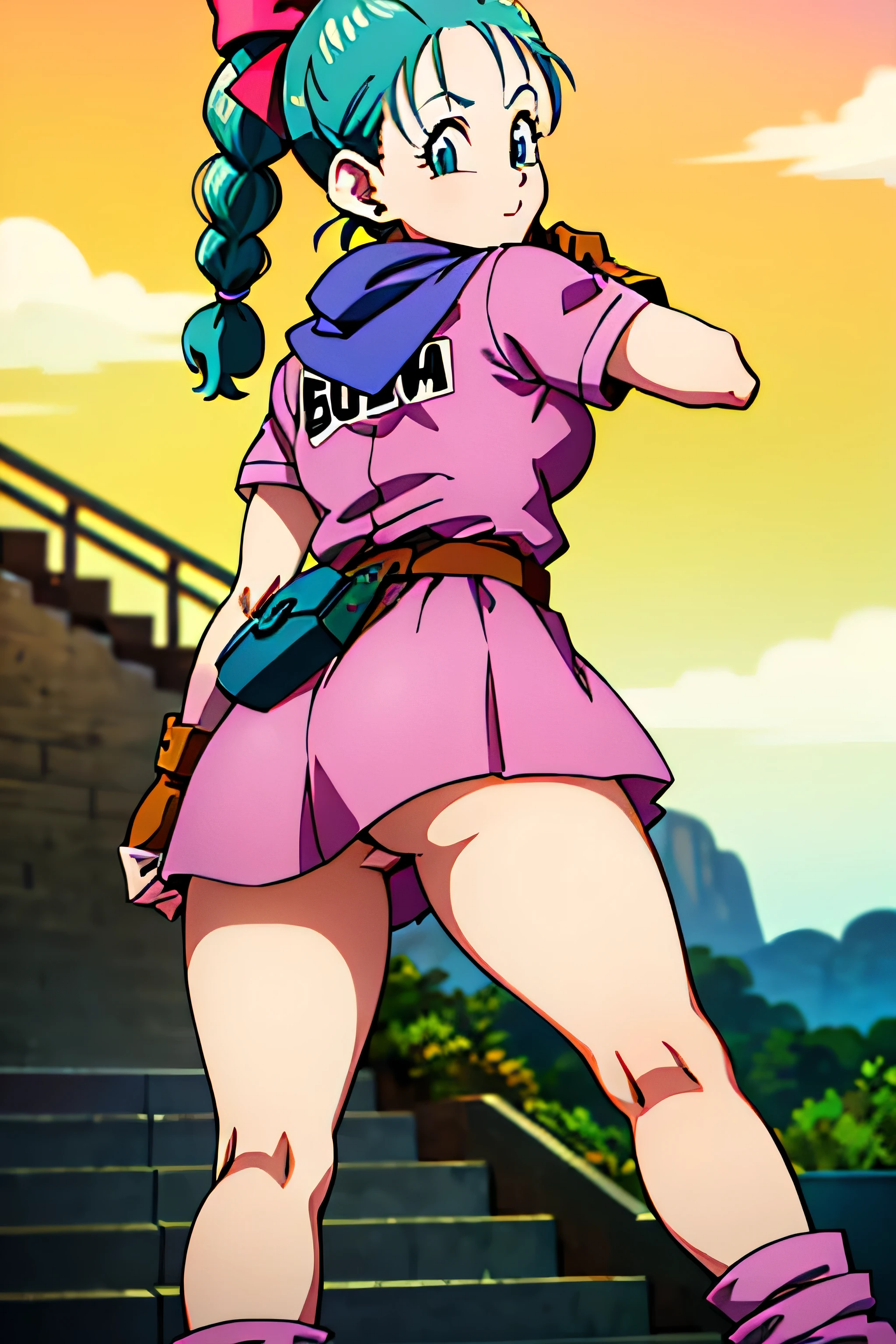 masterpiece, best quality, high resolution, dragon ball, blmpony, aqua hair, hair ribbon, braided ponytail, pink shirt, belt, scarf, pink skirt, clothes writing, brown gloves, medium breasts, in back pose, back wards looking camera, smile, show her booty, show ass, ultra mini dress,Anime,bulma (WIND LIFTING HER SKIRT) (detailed:1.3), ultra high res, ultra detailed, Highly detailed face and skin texture, detailed eyes jewelry, earrings, BACK POSE CLIMBING STAIRS ( SHOW HER ASS),edgHL (ULTRA MINI SKIRT) (CLOSED UP BOOTY)