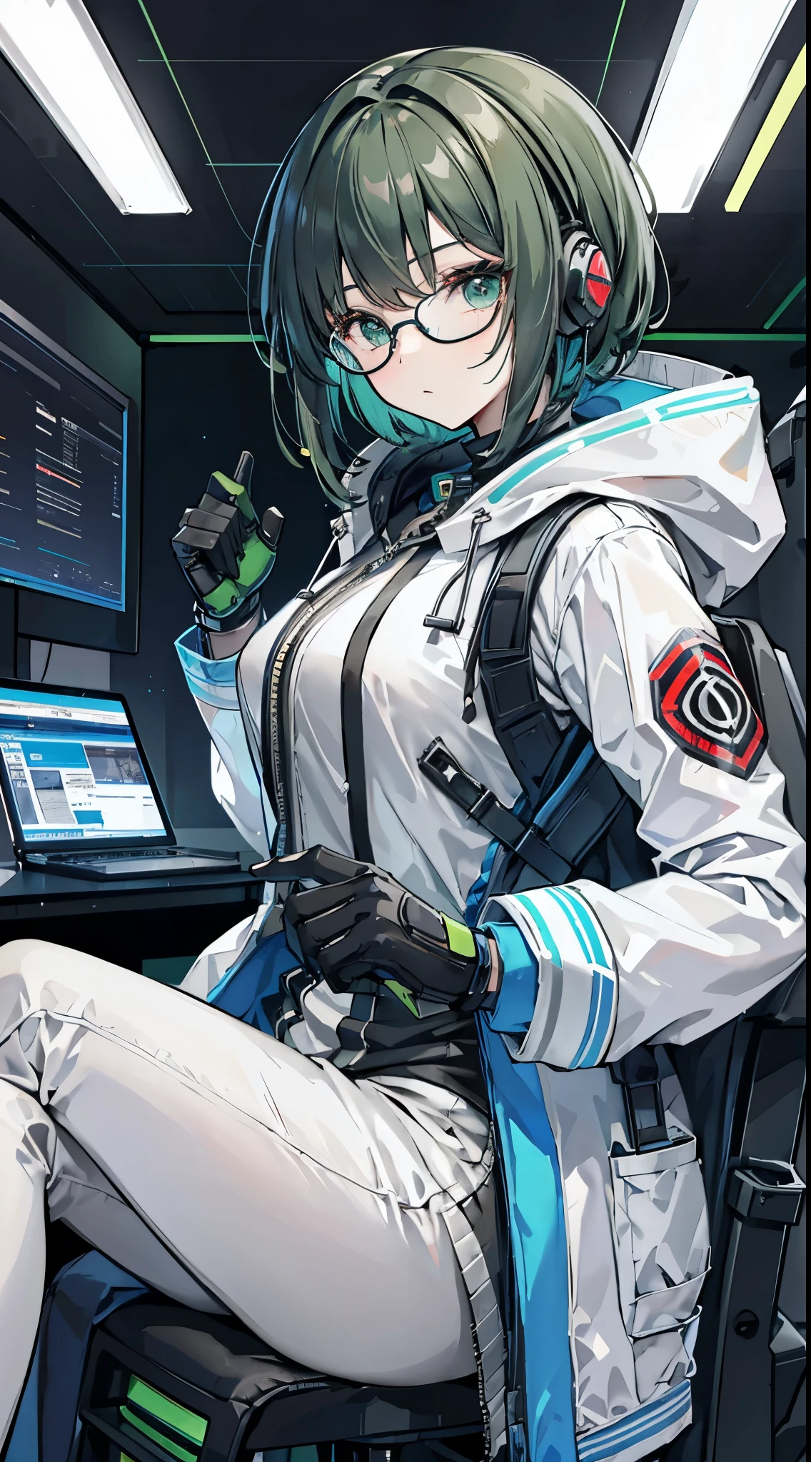 A middle-aged woman,Semi-mechanical modification,Droid,Droid Expert,Green Eyes,Watching,(black gray hair:1.5),Programmer,programmer,sit on the chair,White coat,White coat,White Robe,White coat,Suit lining,(Research suits:1.2),shirt,Office,Droid Minions,earphone,单片Glasses,Glasses,eyepiece,Condescending,Watching,bootonolithic eyepieces,(Decision tasks:1.5),Mature,Cyberpunk Characters,Mechanical backpack,At work,