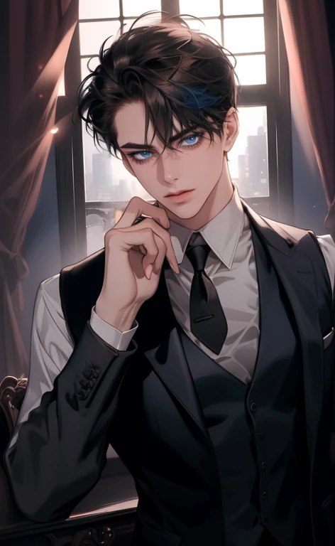 (masterpiece,best quality,ultra_detailed,highres,absurdres, detailed light, detailed shadow),1 ((mature)) male, ((mature face)) 30-ish, (board shoulder), (muscular), male focus, solo, black hair (no highlight), chain, shirt, black necktie, necktie, simple background, blue eyes, full body shot (head to toe), vest, short hair (bangs part in 3:7 ratio), looking at viewer, parted lips, collared shirt, round eyewear, long sleeves, black shirt, he stands next to the window, bedroom background, night time, night light, black vest, monocle, jewelry, dutch angle, detailed background.