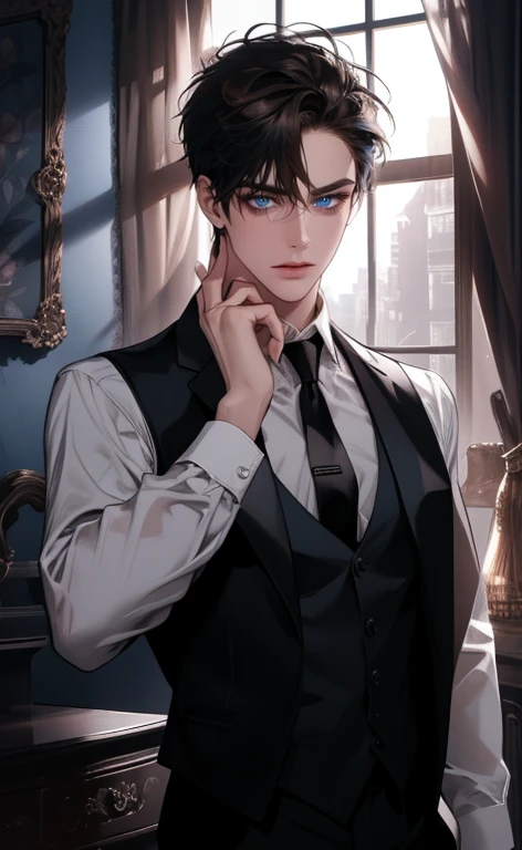 (masterpiece,best quality,ultra_detailed,highres,absurdres, detailed light, detailed shadow),1 ((mature)) male, ((mature face)) 30-ish, (board shoulder), (muscular), male focus, solo, black hair (no highlight), chain, shirt, black necktie, necktie, simple background, blue eyes, full body shot (head to toe), vest, short hair (bangs part in 3:7 ratio), looking at viewer, parted lips, collared shirt, round eyewear, long sleeves, black shirt, he stands next to the window, bedroom background, night time, night light, black vest, monocle, jewelry, dutch angle, detailed background.
