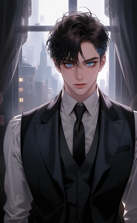 (masterpiece,best quality,ultra_detailed,highres,absurdres, detailed light, detailed shadow),1 ((mature)) male, ((mature face)) 30-ish, (board shoulder), (muscular), male focus, solo, black hair (no highlight), chain, shirt, black necktie, necktie, simple background, blue eyes, full body shot (head to toe),  vest, short hair (bangs part in 3:7 ratio), looking at viewer, parted lips, collared shirt, round eyewear, long sleeves, black shirt, he stands next to the window, bedroom background, night time, night light, black vest, monocle, jewelry, dutch angle, detailed background.