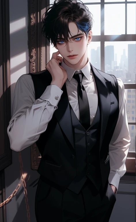 (masterpiece,best quality,ultra_detailed,highres,absurdres, detailed light, detailed shadow),1 ((mature)) male, ((mature face)) 30-ish, (board shoulder), (muscular), male focus, solo, black hair (no highlight), chain, shirt, black necktie, necktie, simple background, blue eyes, full body shot (head to toe),  vest, short hair (bangs part in 3:7 ratio), looking at viewer, parted lips, collared shirt, round eyewear, long sleeves, black shirt, he stands next to the window, bedroom background, night time, night light, black vest, monocle, jewelry, dutch angle, detailed background.