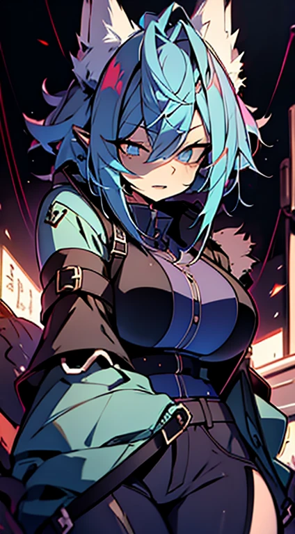 1girl, short_rebellious_hairblue_hair, blue_eyes, scary_eyes, short_hair, hair just blue, expression would be, looking_at_vi ewer, holding, shirt, pant, animal_ears, blue_ ears, wolf_woman, blue_tail, body_perfect, Milf_body, female_body_muscular, scar_on_thighs, scar_on_the abdomen, hunter_outfit_black