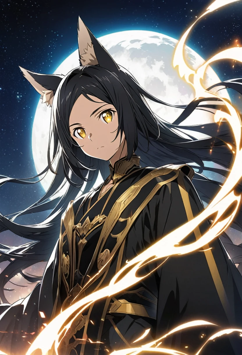 Sawada Tsunayoshi \(Sword Art Online\), very long black hair, glowing gold eyes:1.2, shinigami costume, bangs, expressionless, Fox ears, ((ultra-detailed)), ((illustration)), (flowing hair)), (beautiful detailed eyes), male, 1boy, ((starry Sky, moon)), looking at viewer
