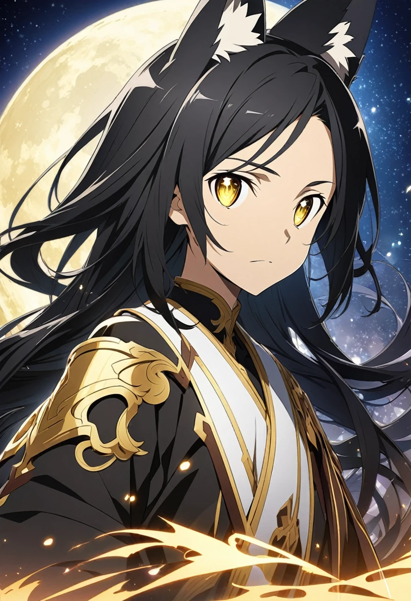 Sawada Tsunayoshi \(Sword Art Online\), very long black hair, glowing gold eyes:1.2, shinigami costume, bangs, expressionless, Fox ears, ((ultra-detailed)), ((illustration)), (flowing hair)), (beautiful detailed eyes), male, 1boy, ((starry Sky, moon)), looking at viewer