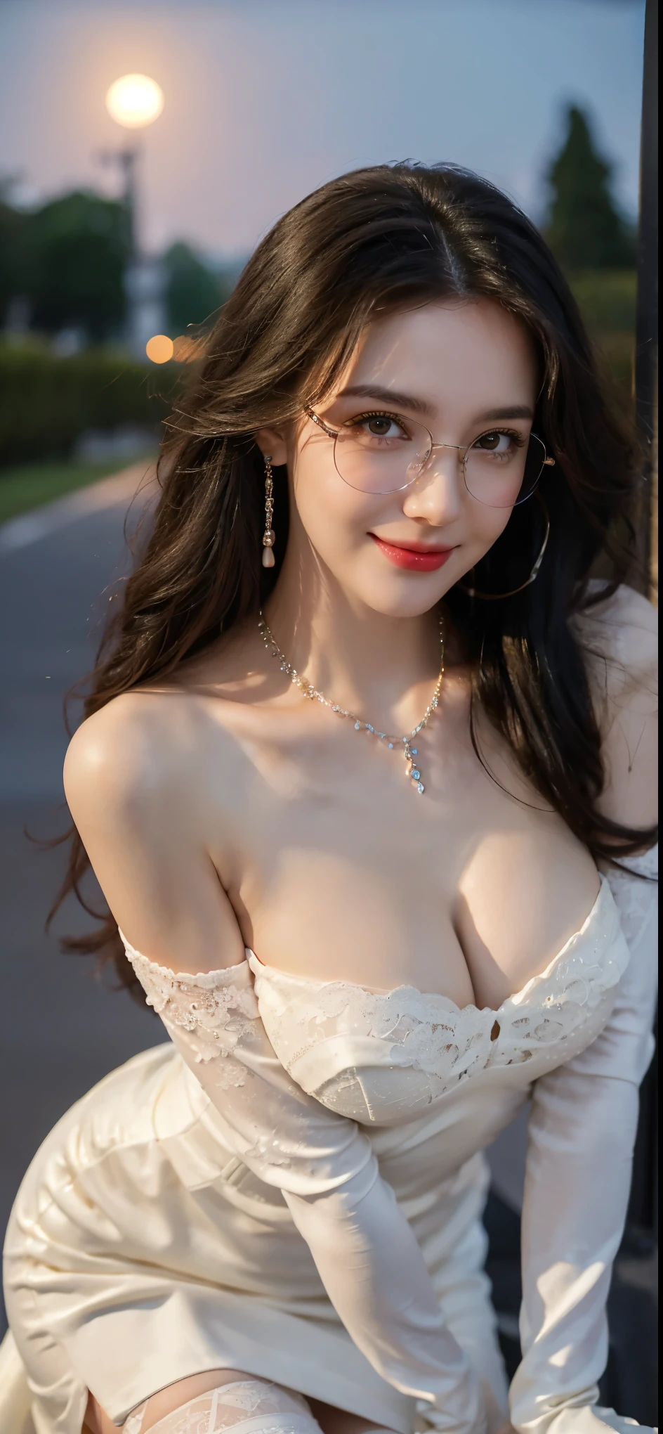 (Canon RF85mm f/1.2), (8K, RAW photos, best quality), (masterpiece), (Practical, photograph Practical), (Extremely detailed, High Detail, Best image quality, Super detailed, high resolution, Very detailed, Extremely detailed的描述, Super Fine, Extremely exquisite and beautiful work), Beautiful and delicate girl, Solo Girl, ((Perfect body)), Very detailed eyes and face, White skin, Noble beauty, ((Delicate skin texture, Pores)), Perfect anatomical structure, Delicate and beautiful body, Delicate face, Slim abs, Slim waist), Big buttocks, (Large Breasts, Breast enlargement), (cleveage), (Affectionate gaze, soulful eyes, Glowing eyes), (beautiful and clear eyes), (Bounce Curly Messy Long Hair), (Smile:1.2), (Fascinated expression), (Attractive appearance), ((Low-cut,Wedding dress,No slings,Show your shoulders,H cup breasts)), ((Tight Fit)), ((Lace stockings)), ((wear glasses)), earrings, necklace, ((night)), ((Street view, moonlight)), Physically Based Rendering, Realistic lighting, (((Upper Body))), ((looking at the audience)), ((permanent)), ((Happy and shy))