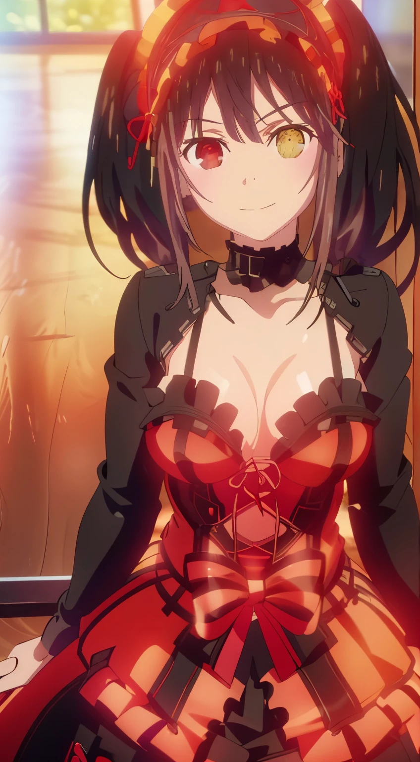 Kurumi tokisaki del anime date a live, bikini negro con rojo vino , homochromy, pechos medianos, primer plano, posando, sonrisa encantadora, detallado