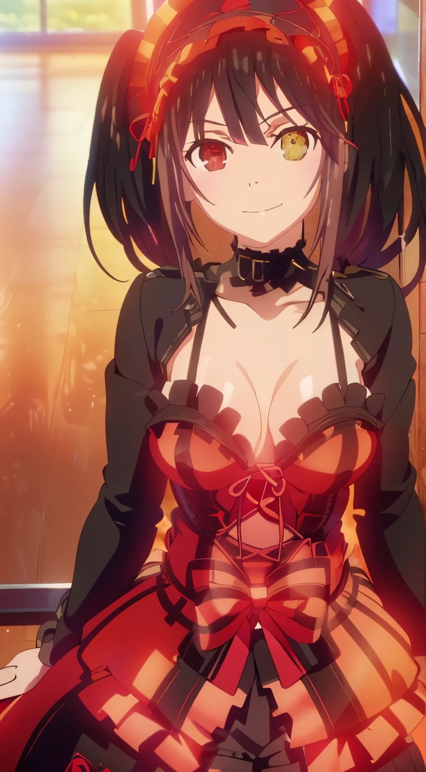 Kurumi tokisaki del anime date a live, bikini negro con rojo vino , homochromy, pechos medianos, primer plano, posando, sonrisa encantadora, detallado