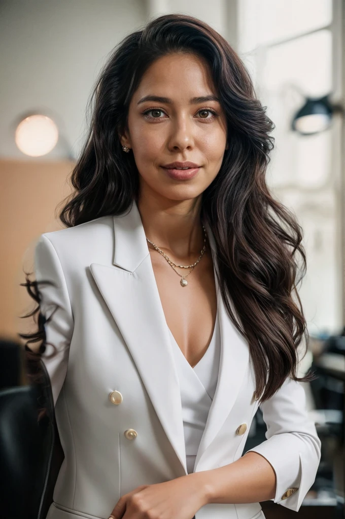 Straight hair, white tailored vest