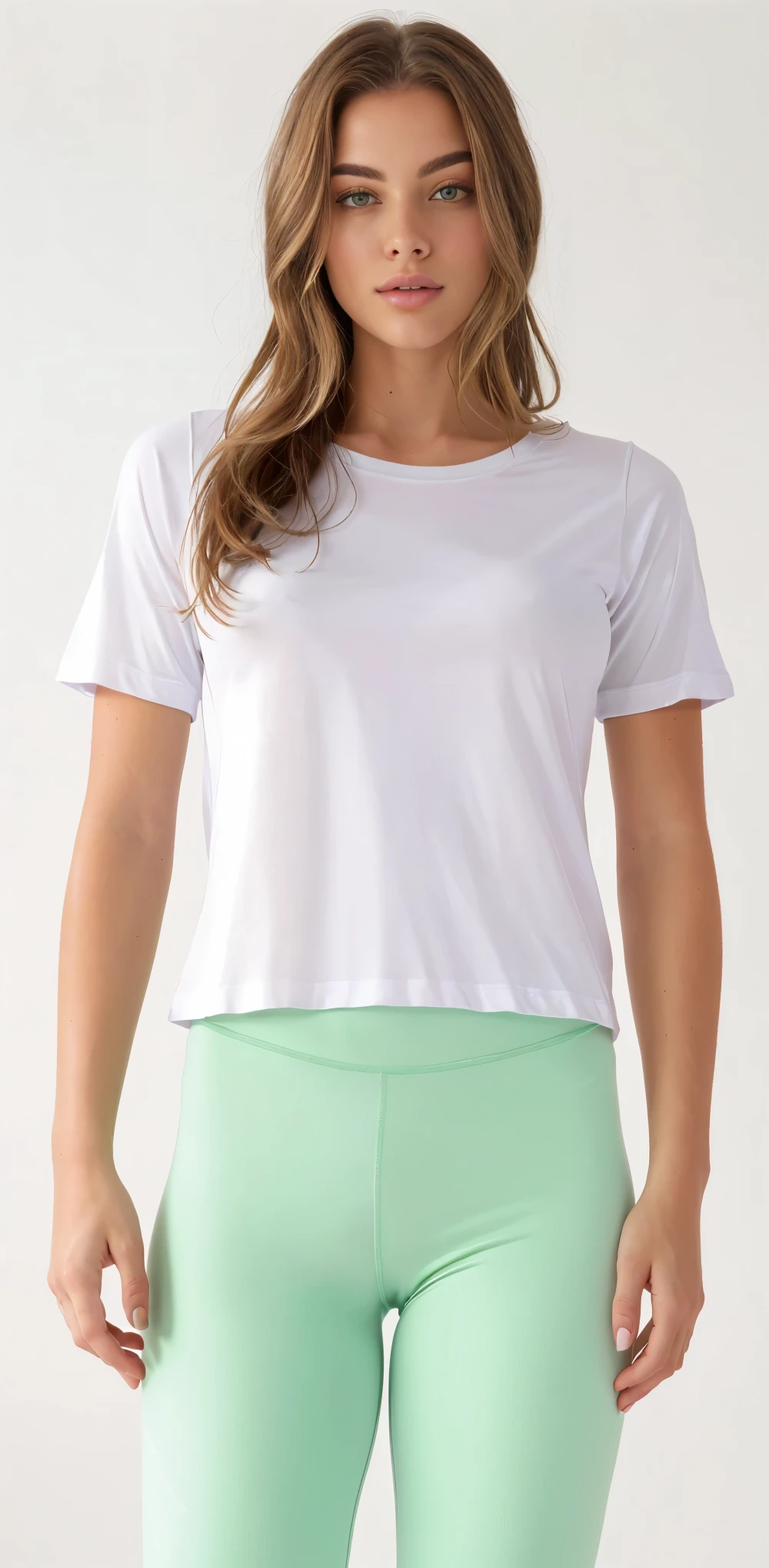 a woman in a camisa branca and green leggings, camiseta branca, vestido com uma camiseta branca, dressed in a camiseta branca, camiseta branca, camiseta branca, Topo branco, vestindo um top cortados, corte superior, vestindo um top cortado, corte superior, plain camiseta branca, wearing corte superior, camisa branca, roupas brancas da moda