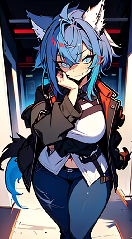 1girl, short_rebellious_hairblue_hair, blue_eyes, scary_eyes, short_hair, hair just blue, expression would be, looking_at_vi ewer, holding, shirt, pant, animal_ears, blue_ ears, wolf_woman, blue_tail, body_perfect, Milf_body, female_body_muscular, scar_on_thighs, scar_on_the abdomen, hunter_outfit_black, hunched over_pose