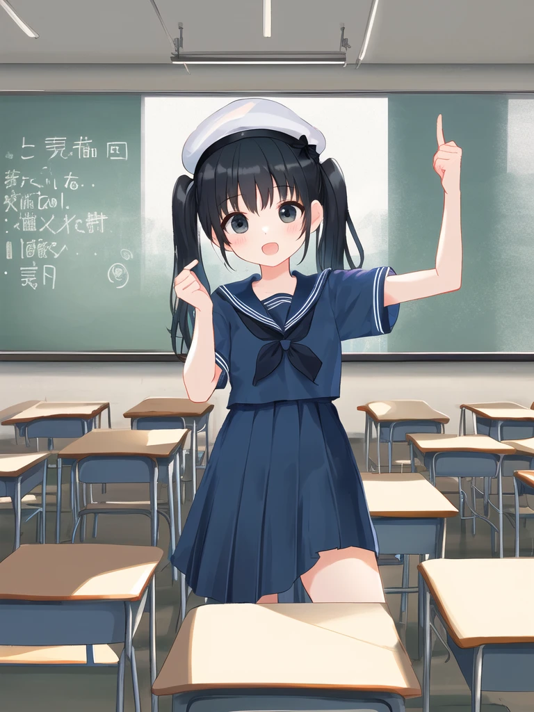 9 years old、girl、Black Hair、Twin tails、Navy blue sailor suit、Short sleeve、beret、mile、piece、classroom