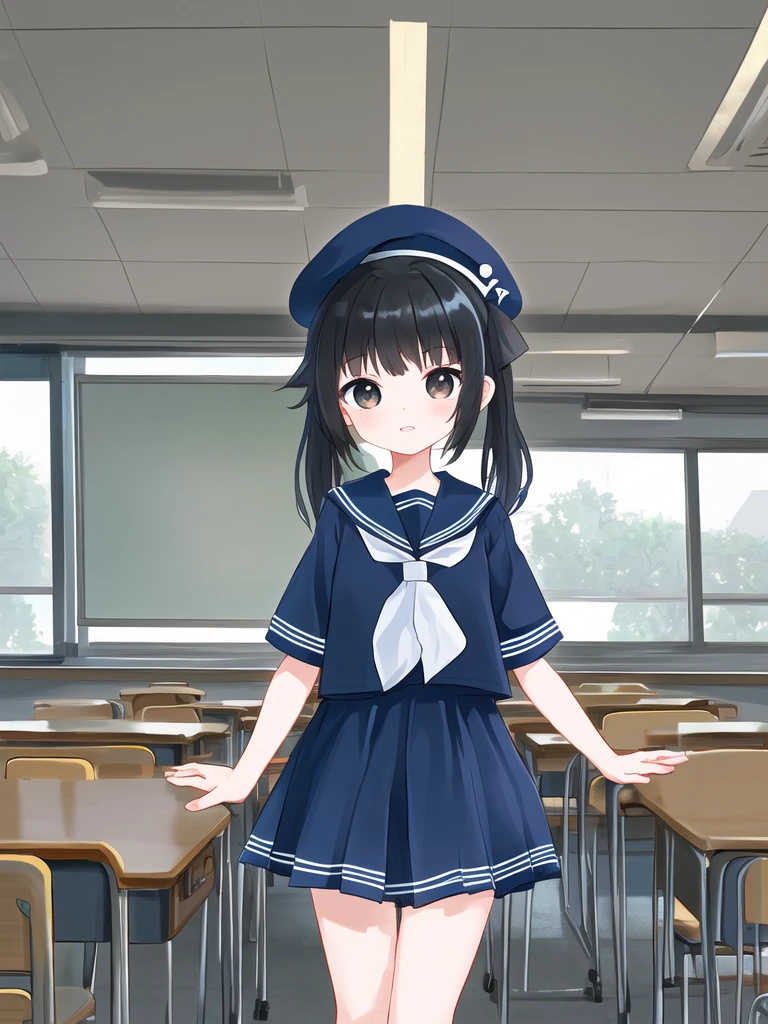 9 years old、girl、Black Hair、Twin tails、Navy blue sailor suit、Short sleeve、beret、mile、piece、classroom