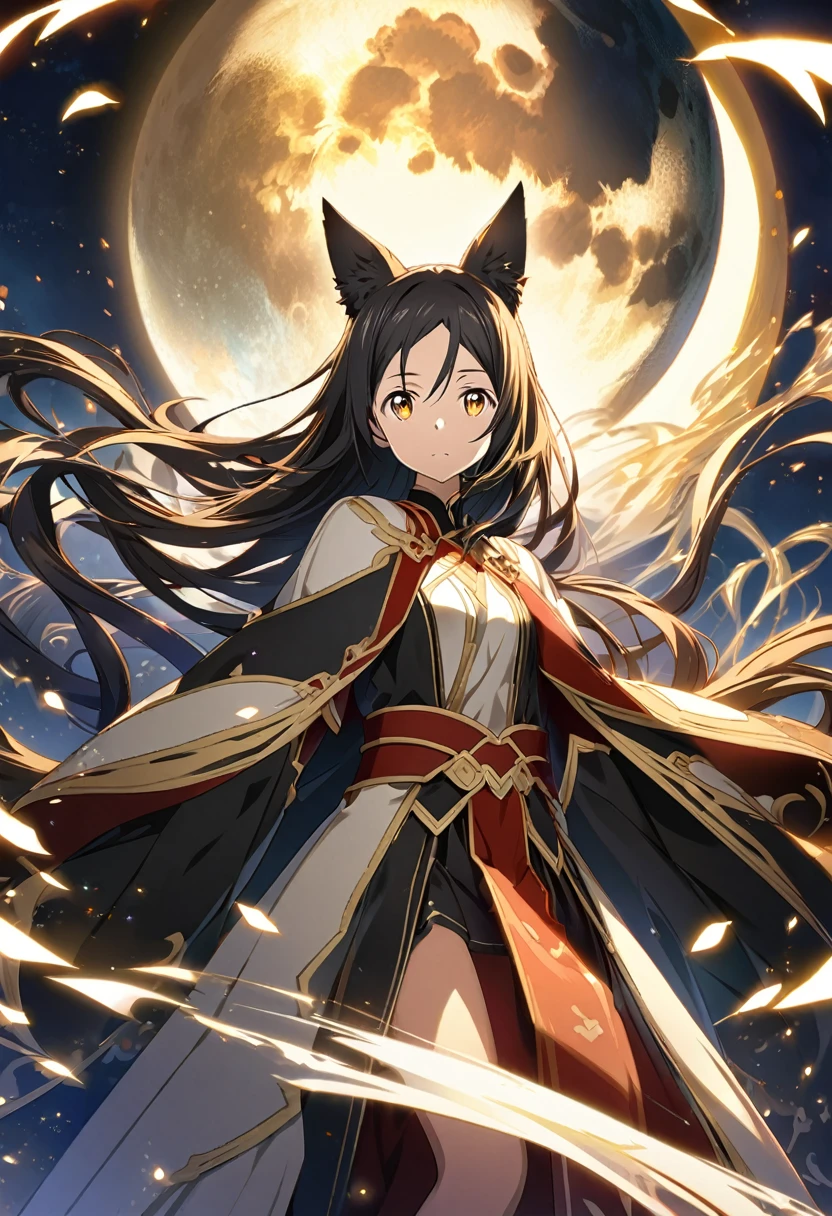 Sawada Nana \(Sword Art Online\), very long black hair, glowing gold eyes:1.2, shinigami costume, bangs, expressionless, Fox ears, ((ultra-detailed)), ((illustration)), (flowing hair)), (beautiful detailed eyes), female, 1girl, ((moon)), looking at viewer