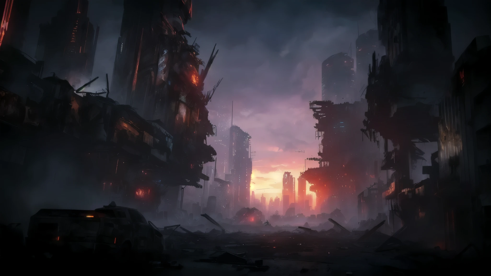 Cityscape with sunset in the background, Dystopian science fiction apocalypse, 世界The City of Doom, Destroyed cities, Apocalyptic future city, Landscape of the city of doomsday, Destroyed cities in the background, Dystopian digital concept art, Destroyed urban landscape, cyberpunk 世界The City of Doom, 世界The City of Doom backround, The City of Doom, outdoors Destroyed urban landscape, A dystopian future, Apocalyptic environment, dystopian cyberpunk city