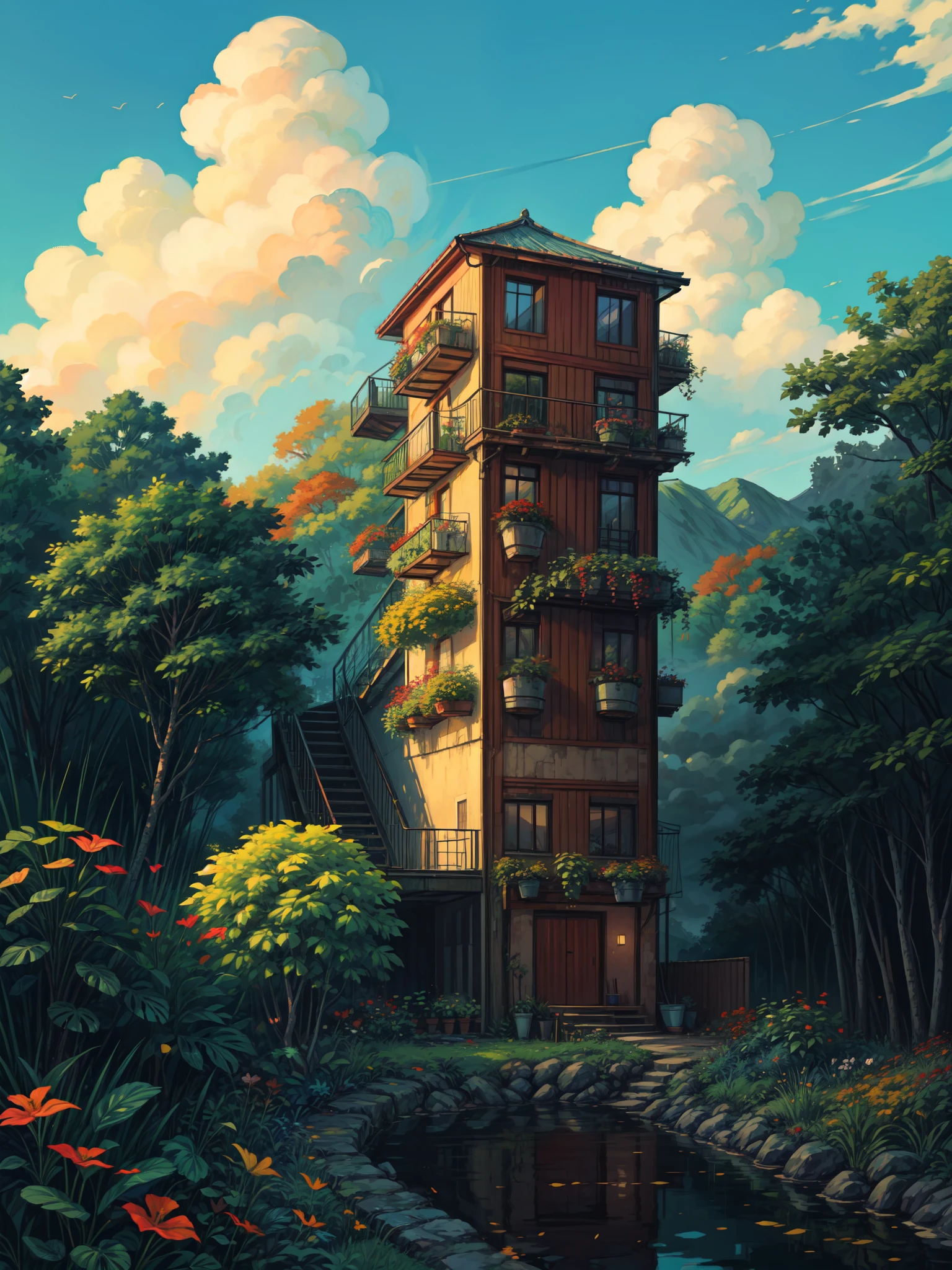 wide view, plant nursery of monstera delioca plants, evening time, tropical forest, autumn, reflection, flowery bushes, spring, greenery, multi storey, stairs, norway, beautiful weather, windy, illustration, vibrant tones, shining clouds, thick lines, cozy tones, beautiful sky, ghibli style, outdoors, cozy atmosphere, micro landscape, intrinsic details