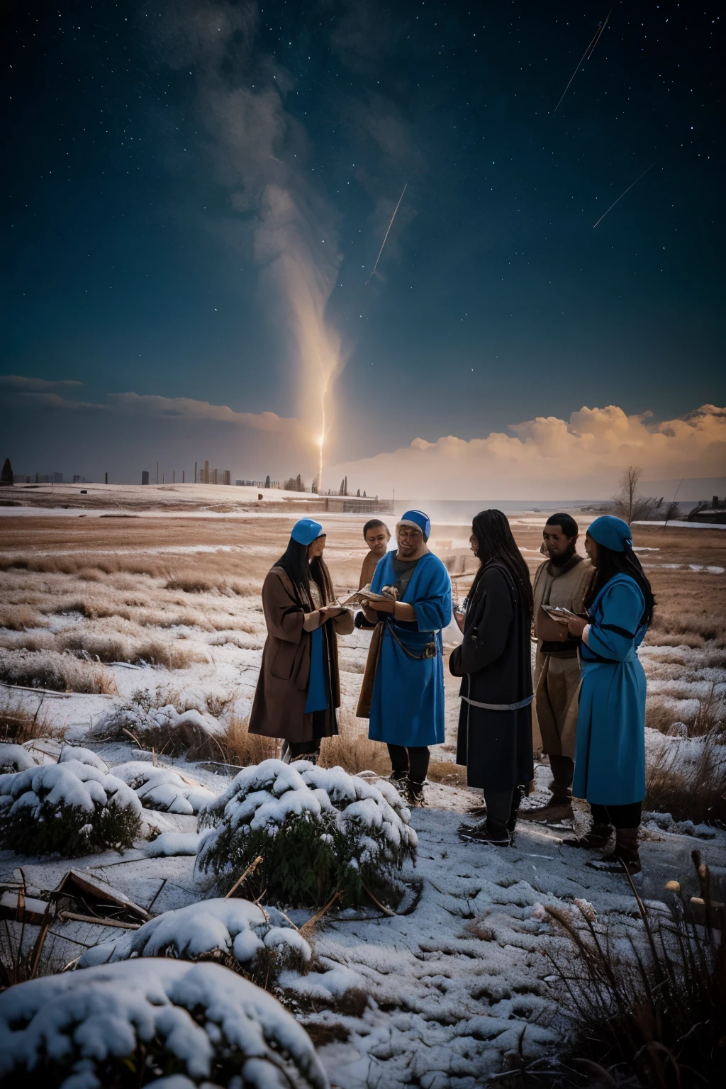Israelites gathering the mysterious manna that falls from the sky like frost.