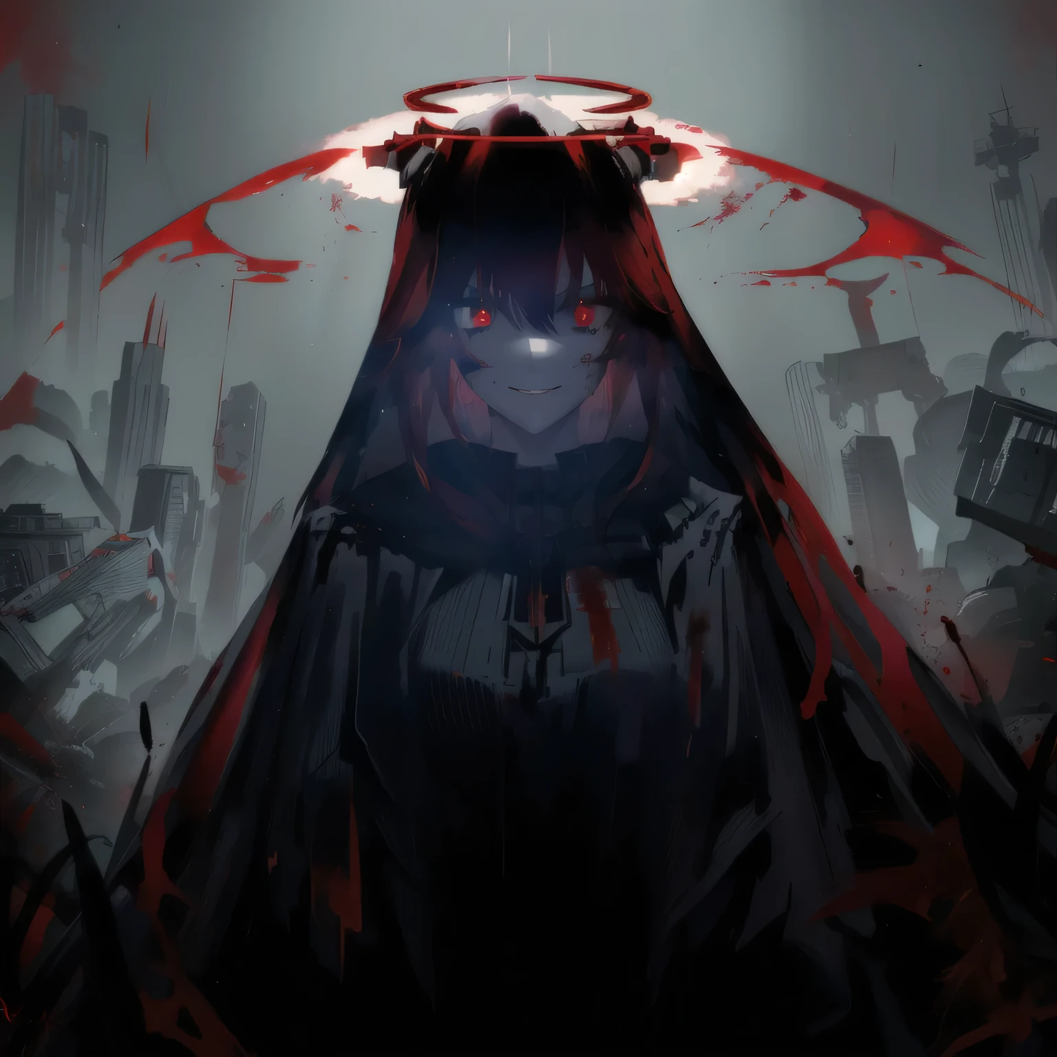 arafed image of a woman with a red cape and a halo, with red glowing eyes, with glowing red eyes, blood dripping from eyes, gapmoe yandere grimdark, red glowing eyes, fully red eyes, his eyes are bleeding intense, blood red eyes, with red eyes, his eyes are red and glowing, eyeless watcher, no face, sad look and smile.