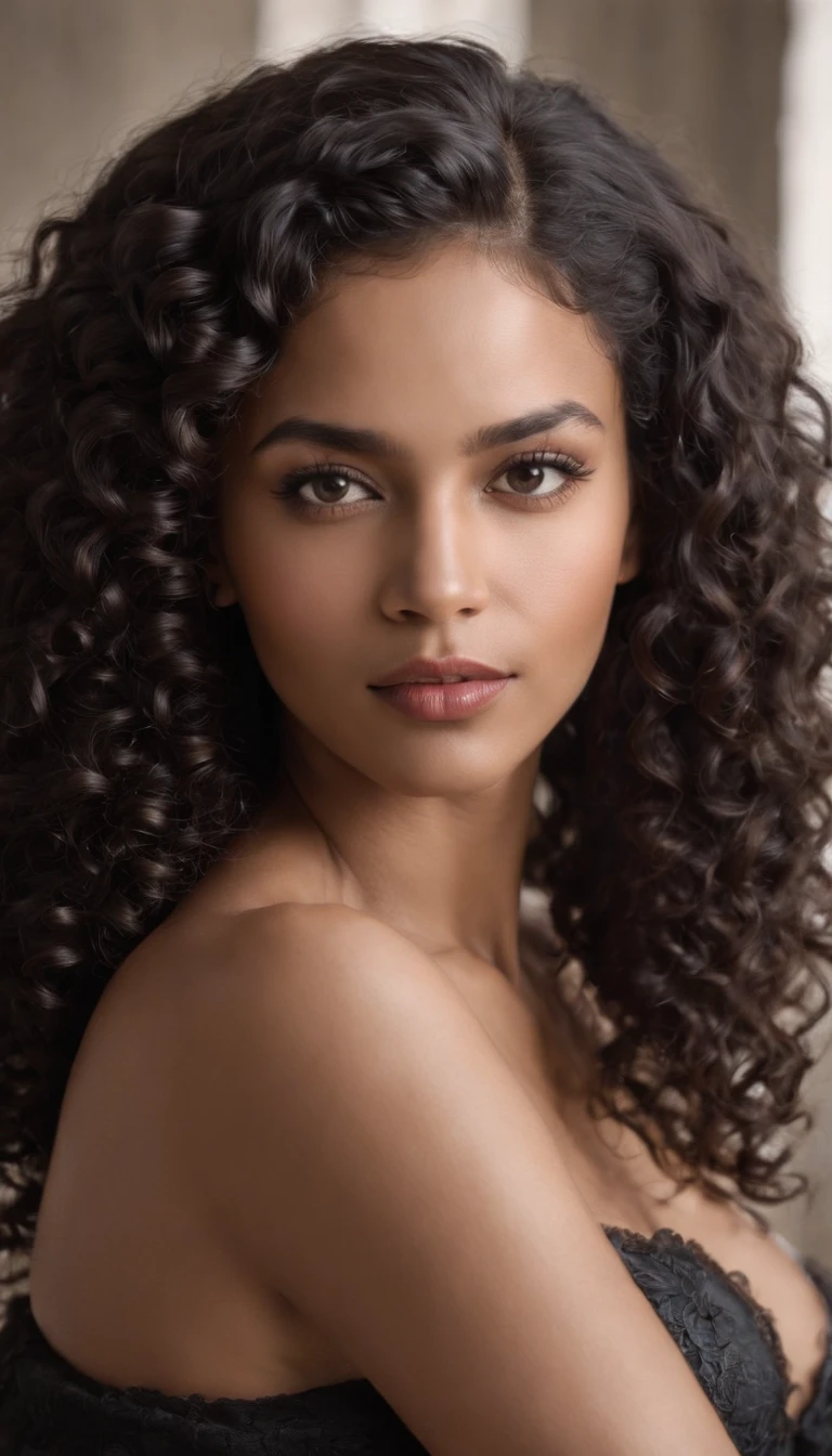 A beautiful and amazing black Brazilian woman,portrait of upper body,Free curls, Black curly hair, (dark shorter curly hair), Wild black long curly hair, multiversal hair, Brazilian, Short black curly hair, Curly black hair, Curls, wavy hair spread out, Baroque curls, curlies, curly, Fair curly hair, Hair texture, curly bang