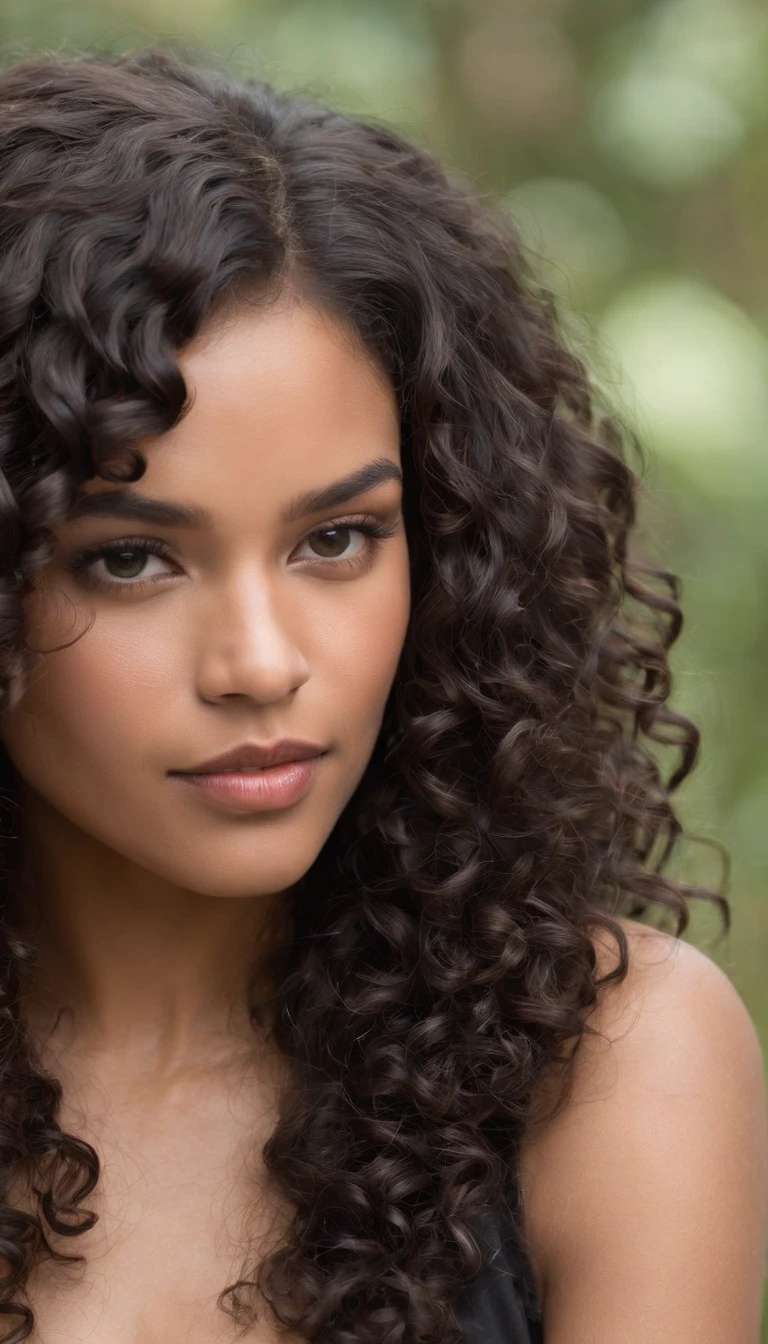 A beautiful and amazing black Brazilian woman，portrait of upper body，Free curls, Black curly hair, (dark shorter curly hair), Wild black long curly hair, multiversal hair, Brazilian, Short black curly hair, Curly black hair, Curls, wavy hair spread out, Baroque curls, curlies, curly, Fair curly hair, Hair texture, curly bang