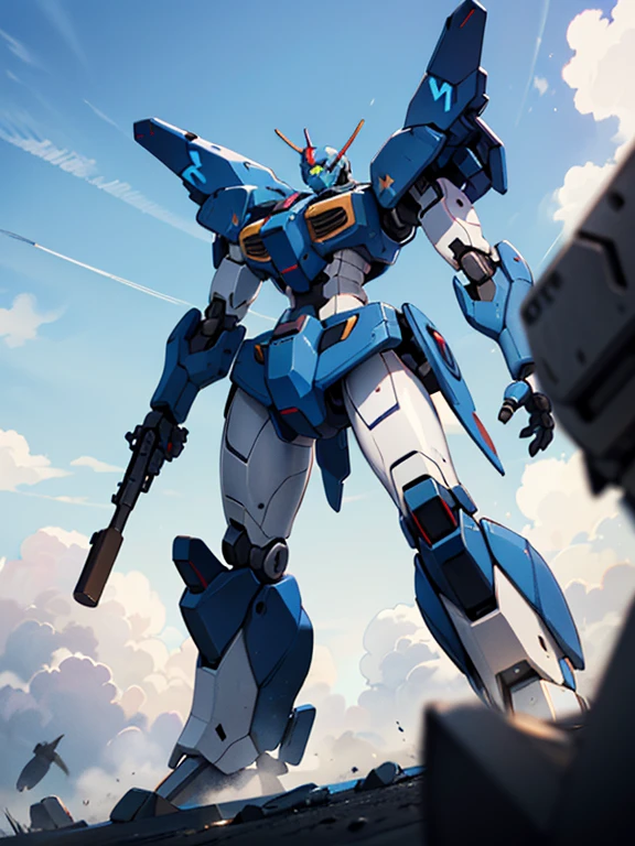 robot, (mecha), V-end, ojo llameante, realista, ((tiro muy amplio)), ((brillante)), ((cinematic lighting)), side lighting, blue cielo, cielo, cloudy cielo,