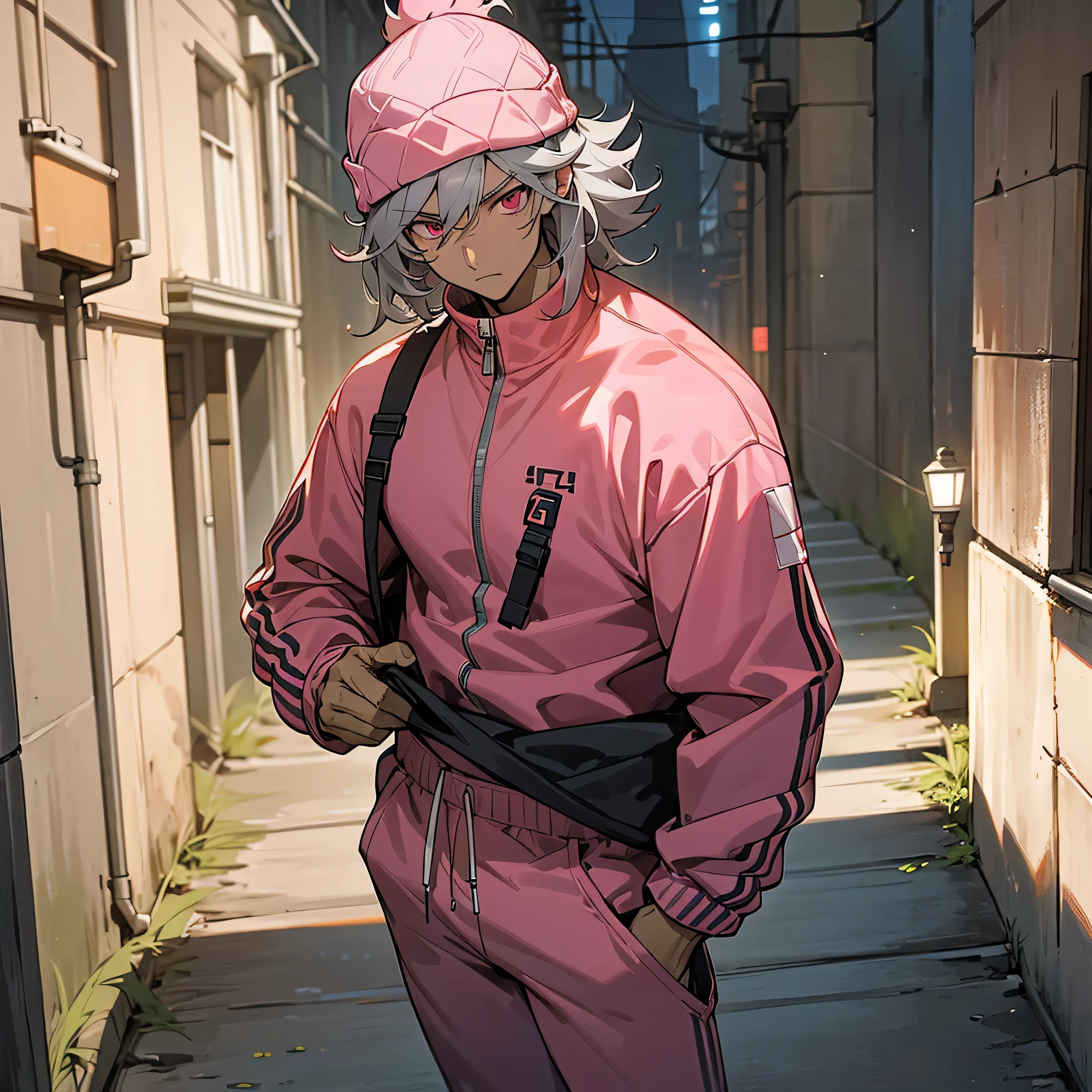 1male,  adult, tan skin, finely detailed pink eyes, wild medium hair, grey hair, long sleeve compression shirt, tracksuit jacket, loose baggy pants, muscular, beanie, hiking bag, standing In alley, night time, serious expression, ruined city