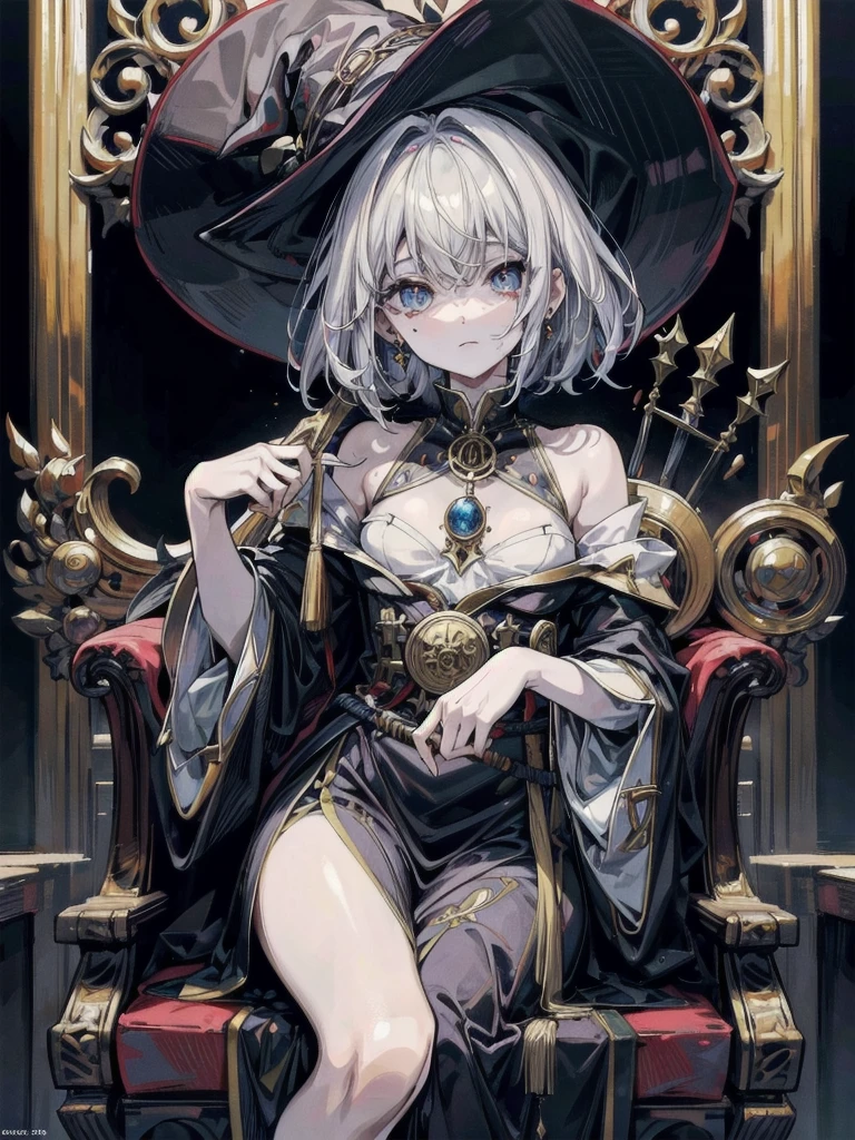 whole body, Anime character, arcane books and scrolls, a grand fireplace, traditional witch outfit, hat, absurdres, RAW photo, extremely delicate and beautiful, masterpiece, Best Quality, ultra high resolution, 32k, hyperrealistic, ultra-detailed, perfect figure, perfect shape, detailed description, pale skin, 20 years old, detailed beautiful face and eyes, tearful mole, earring, short medium hair, wavy hair,