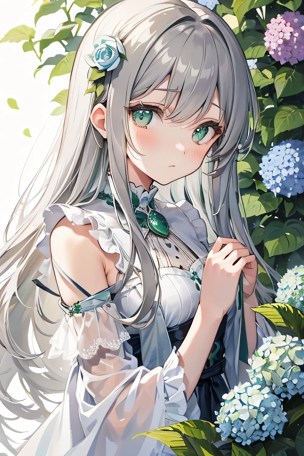 Bright silver and light green color,A very beautiful dress,Youthful Beautiful Girl,Pink decoration,blue eyes,Clear and soft glossy