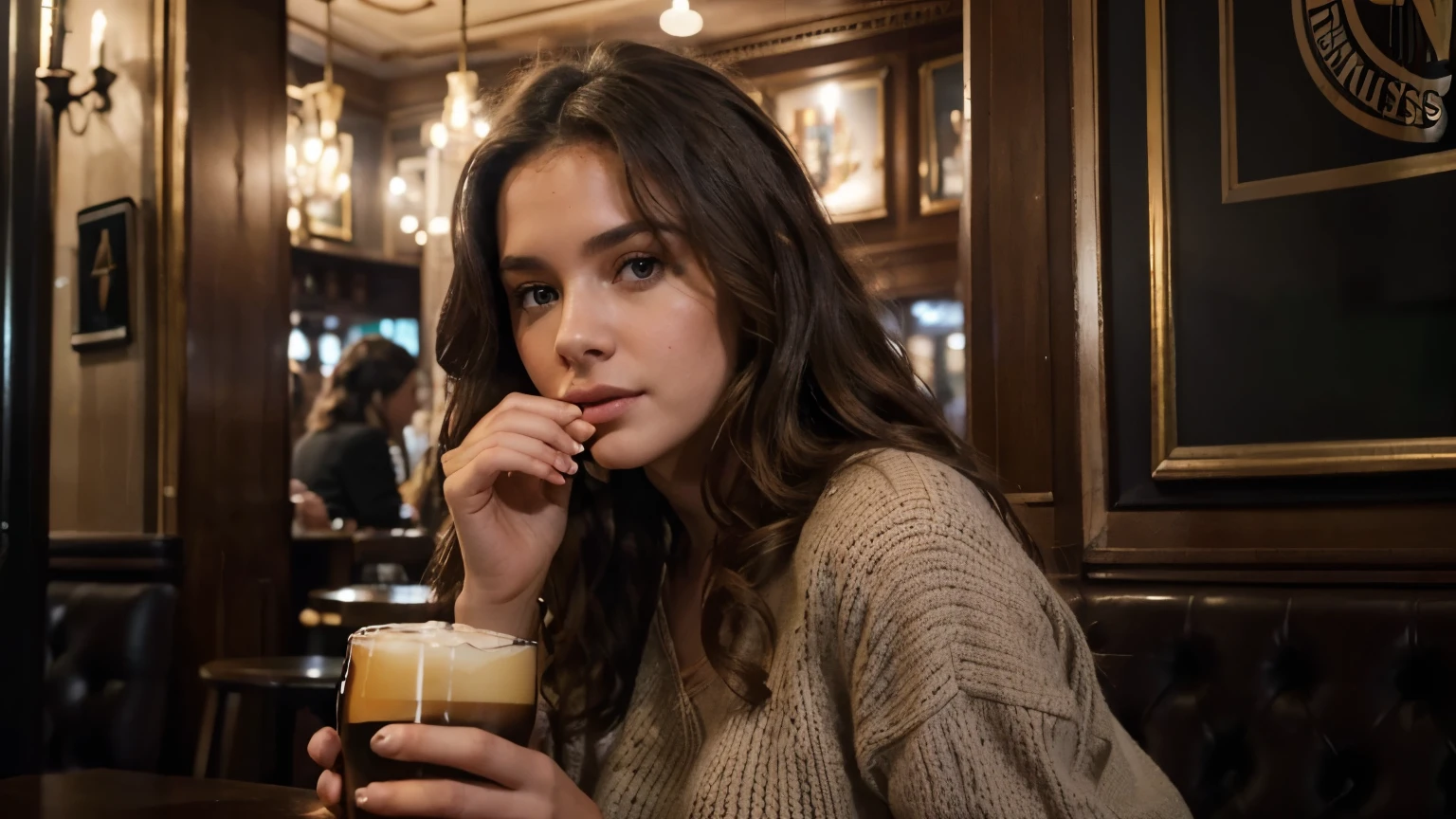 European-looking girl in a cafe, sitting at the bar with a glass, surrealism, a lot of details, high quality, masterpiece, twilight