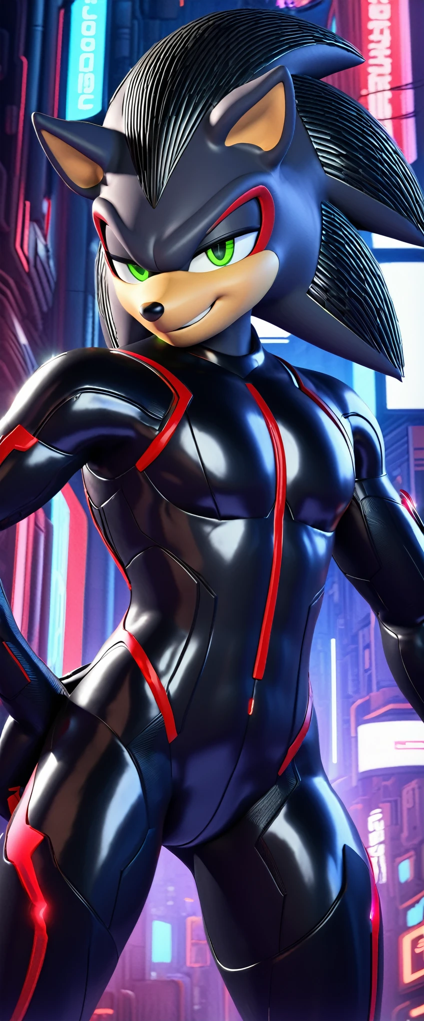 (((masterpiece:1.5, 4K, 8K))), a full body high quality digitally drawn rendered image ((by SEGA)) of A solo male tall anthro ((gunmetal grey hedgehog)), ((shadow the hedgehog style quills:0.9)) with glowing green eyes, (((tan muzzle))), wearing a (((sci-fi bodysuit))) stands in a neon-lit cyberpunk city The android's bodysuit is adorned with (((black coloring:1.5))) with (((crimson accents:1))), with intricate android seams, creating a futuristic look. the android has a seductive smirk on his face