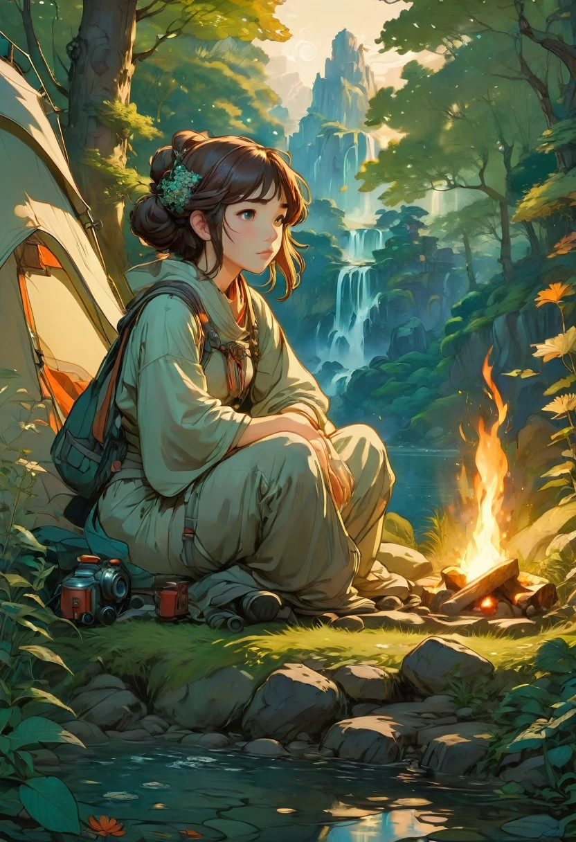 Outdoor Camping, by Studio Ghibli and Alphonse Mucha, best quality, masterpiece, very aesthetic, perfect composition, intricate details, ultra-detailed