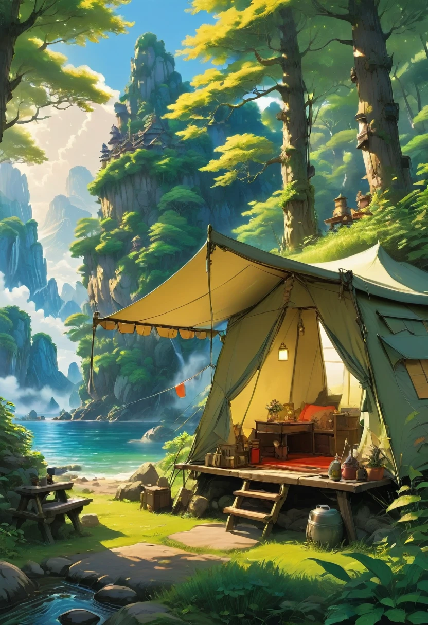 Outdoor Camping, by Studio Ghibli, best quality, masterpiece, very aesthetic, perfect composition, intricate details, ultra-detailed