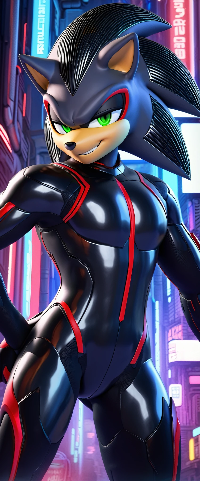 (((masterpiece:1.5, 4K, 8K))), a full body high quality digitally drawn rendered image ((by SEGA)) of A solo male tall anthro ((gunmetal grey hedgehog)), ((shadow the hedgehog style quills:0.9)) with glowing green eyes, (((tan muzzle))), wearing a (((sci-fi bodysuit))) stands in a neon-lit cyberpunk city The android's bodysuit is adorned with (((black coloring:1.5))) with (((crimson accents:1))), with intricate android seams, creating a futuristic look. the android has a seductive smirk on his face