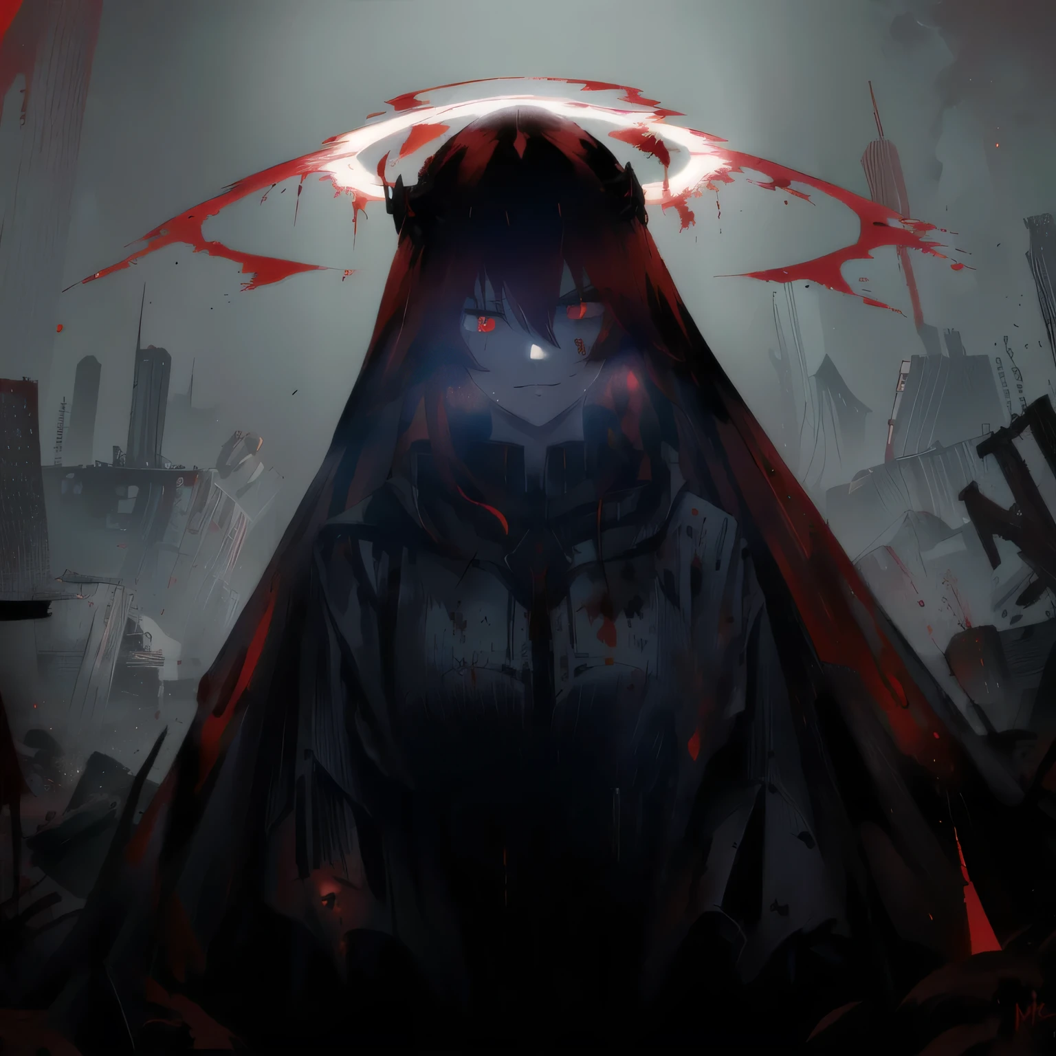 arafed image of a woman with a red cape and a halo, with red glowing eyes, with glowing red eyes, blood dripping from eyes, gapmoe yandere grimdark, red glowing eyes, fully red eyes, his eyes are bleeding intense, blood red eyes, with red eyes, his eyes are red and glowing, eyeless watcher, no face, Not smiling.