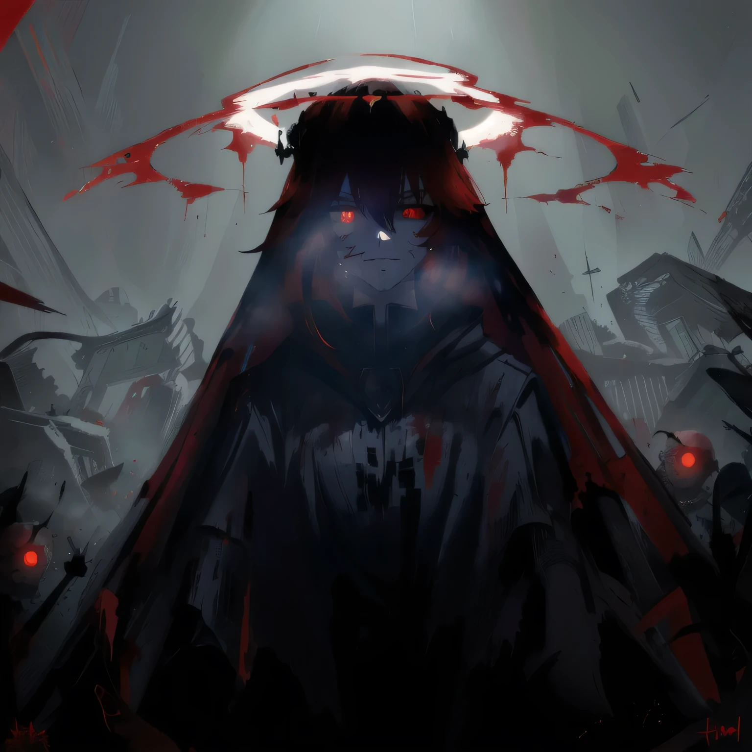 arafed image of a woman with a red cape and a halo, with red glowing eyes, with glowing red eyes, blood dripping from eyes, gapmoe yandere grimdark, red glowing eyes, fully red eyes, his eyes are bleeding intense, blood red eyes, with red eyes, his eyes are red and glowing, eyeless watcher, no face, Not smiling.