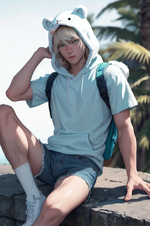 Masterpiece, Ultra realistic, high quality, 16k, Alone, adventure time, Finn (the human), furry white bear hood (over the head) with polar bear ears, a fringe appearing on his forehead showing that his hair is pale-blonde, turquoise-green eyes, tanned white skin (with freckles on the skin), heterochromia eyes, green backpack, faded blue shirt, dark blue denim shorts, black sneakers, white socks showing, tree, high quality, 1 boy, different heroic poses, bedroom background, blurred background, depth of field, dreamlike atmosphere, vintage aesthetic,
