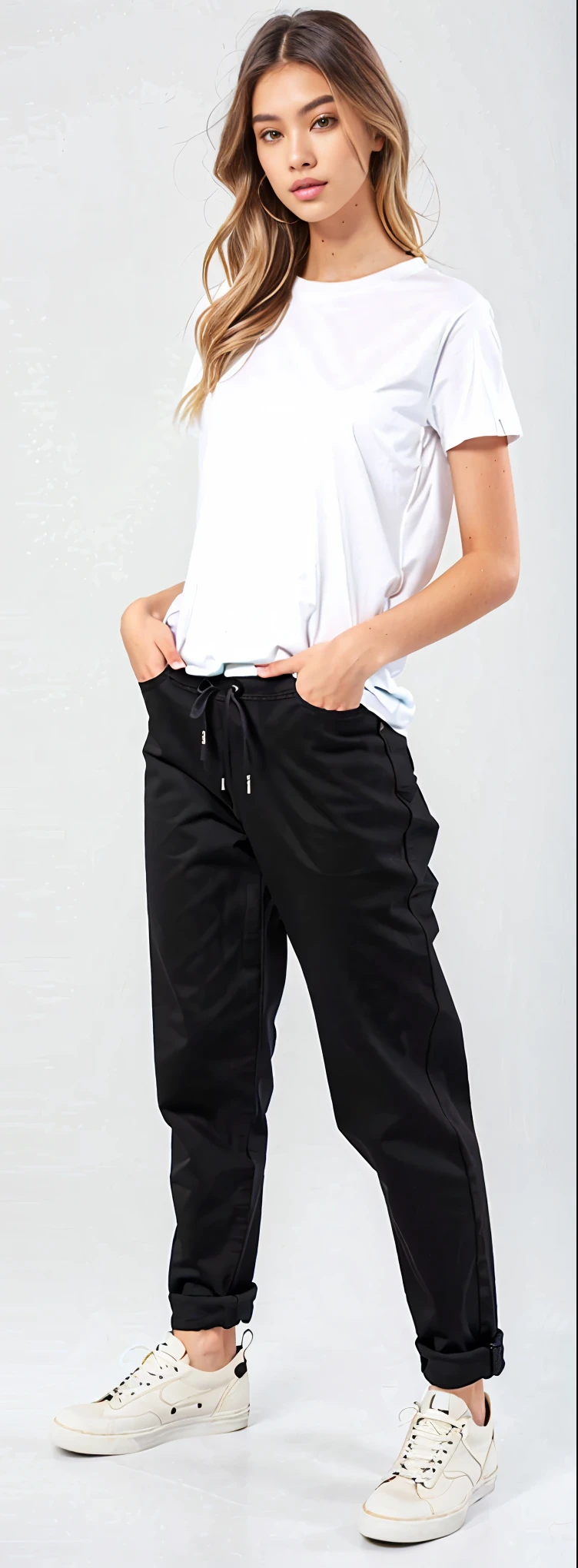 a woman in white shirt and black pants standing on a white background, black pants, black jeans pants, baggy black pants, black pants, loose pants, big pants, black pants, wearing pants and a t-shirt, denim trousers, Roupas casuais modernas, jeans largos, roupas modernas casuais, high-waisted pants, black sweatpants, wearing pants