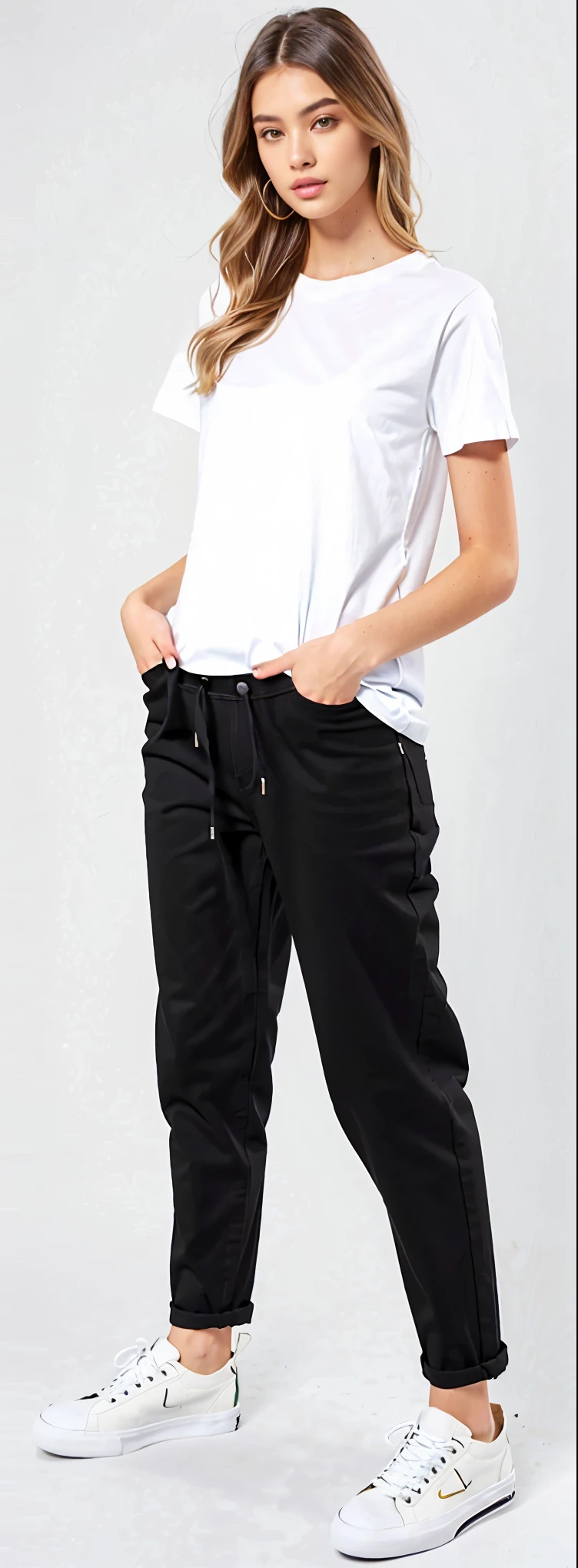 a woman in white shirt and black pants standing on a white background, black pants, black jeans pants, baggy black pants, black pants, loose pants, big pants, black pants, wearing pants and a t-shirt, denim trousers, Roupas casuais modernas, jeans largos, roupas modernas casuais, high-waisted pants, black sweatpants, wearing pants