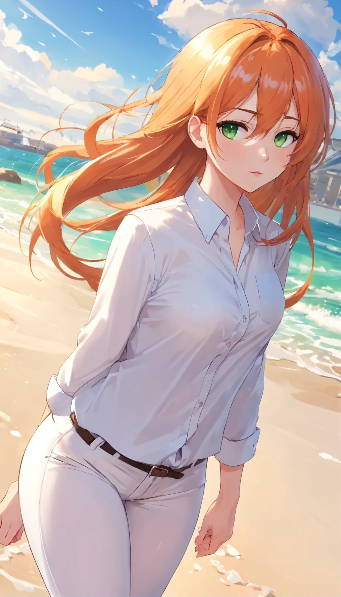 (masterpiece, Best quality), 8K, ultra detailed, realistic photo, Detailed face, perfect lighting, green eyes, bright orange hair, bright hair, fox ears, nice legs, side photo, beautiful, Cute, skin pores, 1 girl, perfect shirt, fully dressed, beautiful women 30 years old, Beautiful proportions, Russian woman, Caucasian, European, Business lady, stunningly beautiful woman, mother, thick legs, show ass, big breasts, (Thin white shirt:1.4), thick, hot, (White Office Wear:1.4), tight pants, (wide hips:1.2), thick, (white Office pants:1.3), spread your legs, Legs open, full length, wide hips, Glasses, with long orange hair, standing on the beach near the ocean, green eyes detailed digital anime art, cat ear, anime girl with long hair, гладкое аниме cg art, anime girl with long hair, digital anime art, work in Guweiz style, Beautiful anime portrait, Photorealistic render of an anime girl, pantyhose, Beautiful anime girl, advanced digital anime art, guweiz на artstation pixiv HD UHD HQ