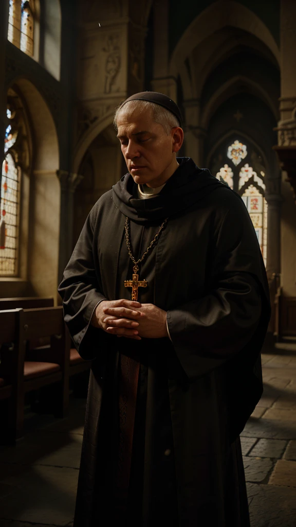 a medieval catholic monk praying deeply inside a catholic monastery, spiritual connection with god, elderly appearance, realistic medieval image, intricate details, cinematic lighting, dramatic chiaroscuro, muted color palette, religious atmosphere, ornate architecture, detailed religious artifacts, reverent expression, dramatic pose