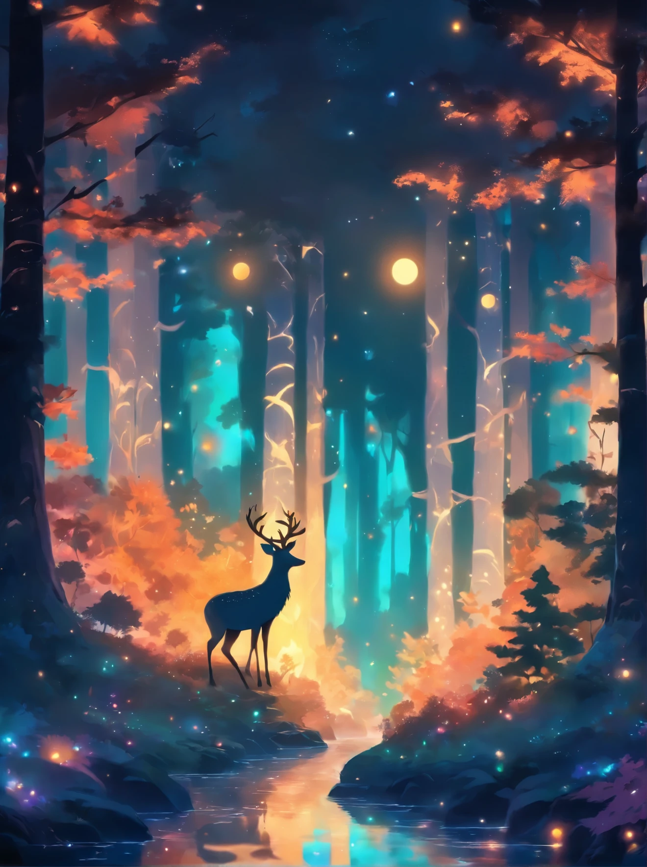 a painting of a deer in the woods with a crescent, a digital painting by Caroline Chariot-Dayez, Artstation, fantasy art, calm night. digital illustration, ✨🕌🌙, night in the forest, in the forest at night, in a forest at night, night forest, the moonlit dance of the fae, ori and the blind forest