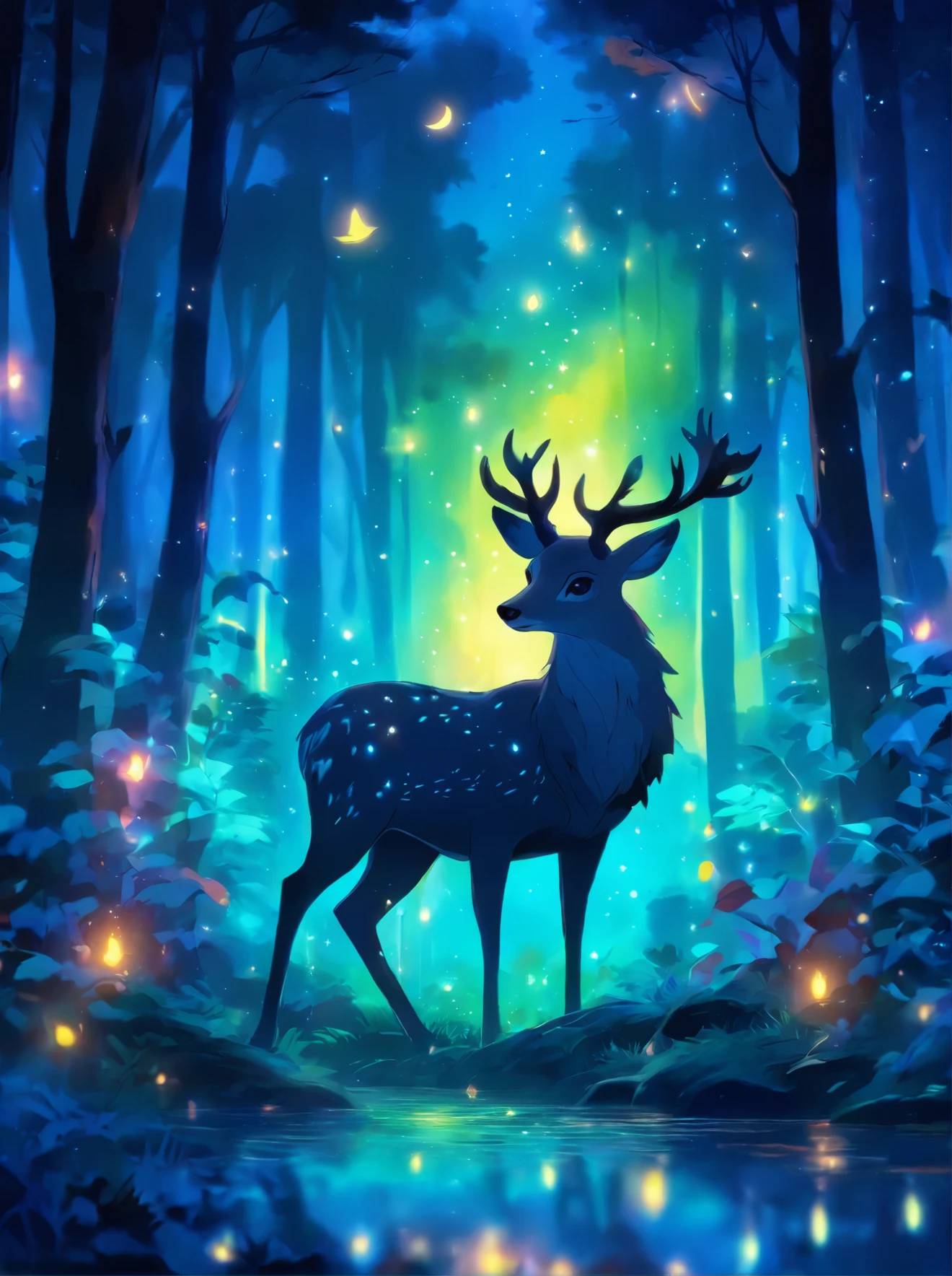 a painting of a deer in the woods with a crescent, a digital painting by Caroline Chariot-Dayez, Artstation, fantasy art, calm night. digital illustration, ✨🕌🌙, night in the forest, in the forest at night, in a forest at night, night forest, the moonlit dance of the fae, ori and the blind forest