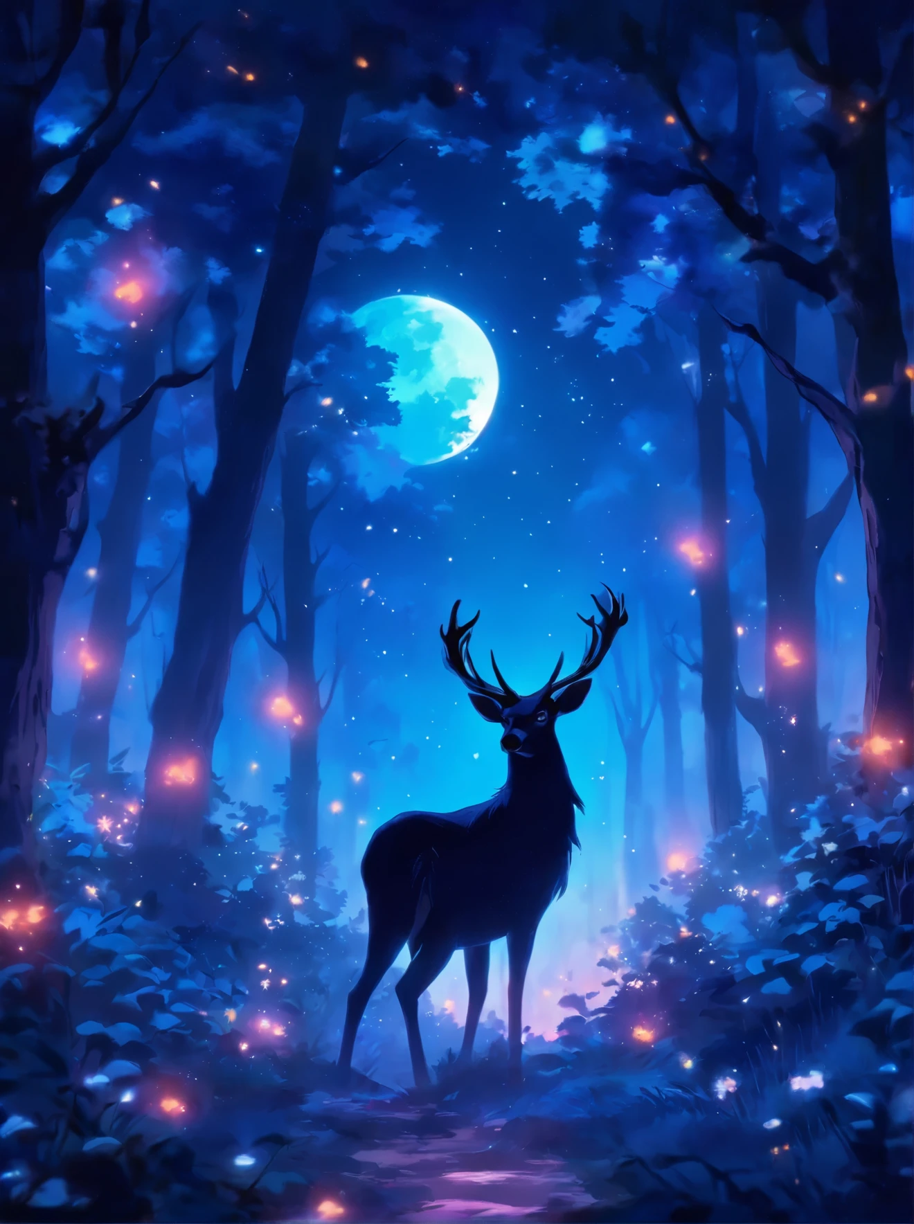 a painting of a deer in the woods with a crescent, calm night. digital illustration, ✨🕌🌙, night in the forest, in the forest at night, in a forest at night, night forest, the moonlit dance of the fae, ori and the blind forest, hollow knight concept art, moonlit forest environment, moonlit forest, forest spirit