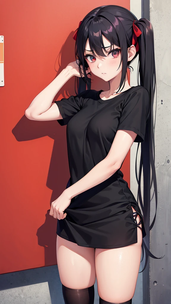 (Masterpiece, Masterpiece), anime girl with black twintails, detailed face, detailed eyes, red tight tshirt, short plaided black shirt, rin tosaka from fate stay night, rin tosaka, sexy, accurate, standing cutely